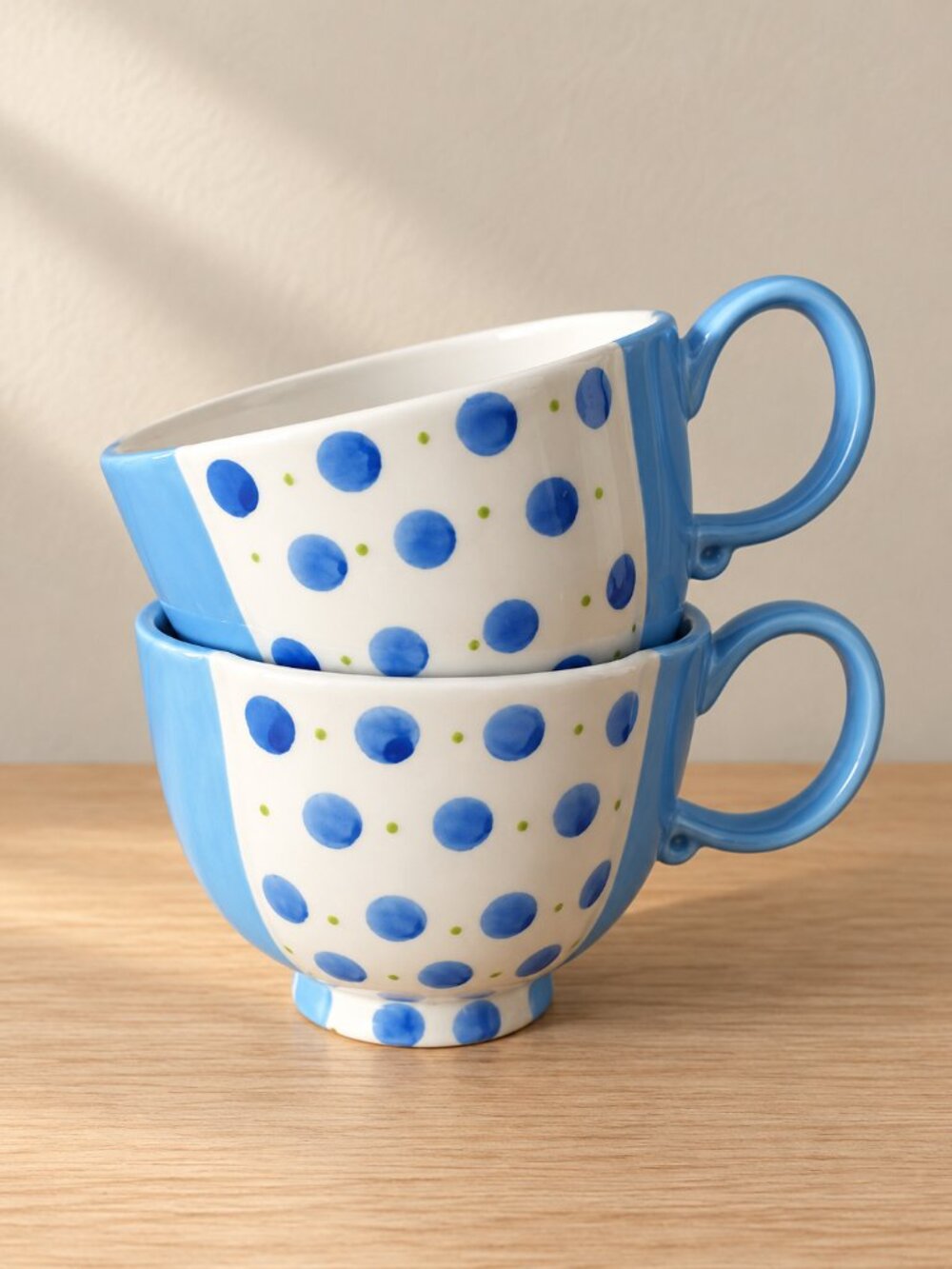 Large Blue Polka Dot Teacups Coffee Mugs Scalloped Anthropologie Devon Lot 2 NEW